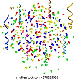 Celebration background template with colorful confetti and ribbons. Vector illustration
