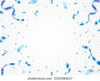 Celebration background template with confetti and blue ribbons. Shiny carnival decoration. Bright festive tinsel of blue color.