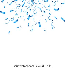 Celebration background template with confetti and blue ribbons. Shiny carnival decoration. Bright falling tinsel. Holiday poster concept.