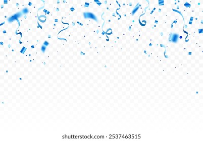 Celebration background template with confetti and blue ribbons. Shiny carnival decoration. Bright falling tinsel. Holiday poster concept.