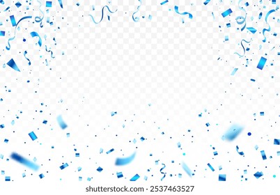 Celebration background template with confetti and blue ribbons. Shiny carnival decoration. Bright festive tinsel of blue color