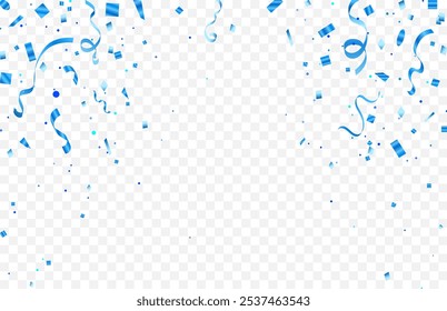 Plantilla de fondo de celebración con confeti y cintas azules, confeti azul de lujo y cintas de carnaval. Tarjeta rica de la invitación del saludo de lujo, cumpleaños, Festiva,