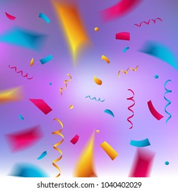 Celebration background template with confetti and color ribbons. Vector illustration