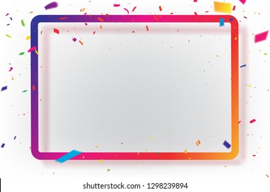 Plantilla de fondo de celebración con cintas de color confetti. tarjeta de felicitación de lujo rica.