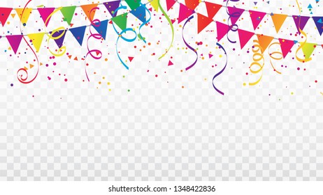 Celebration background template with confetti Colorful ribbons and flag frame. luxury greeting rich card.