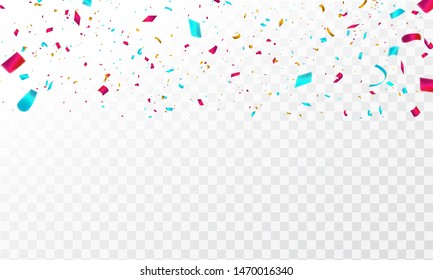 Celebration background template with confetti and colorful ribbons.