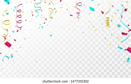 Celebration background template with confetti and colorful ribbons.