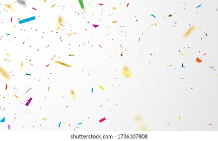 Celebration background template with confetti and colorful ribbons.