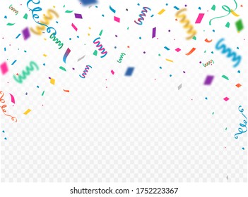 Celebration background template with confetti and colorful ribbons. Vector illustration 