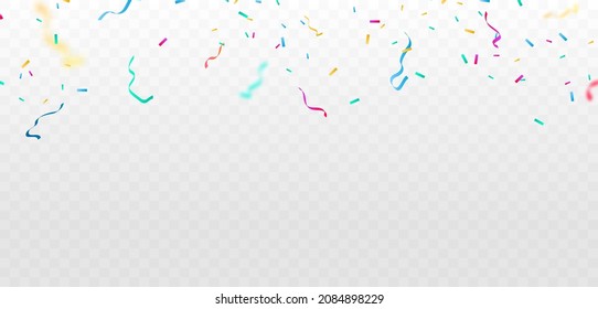 Celebration background template with confetti and colorful ribbons.