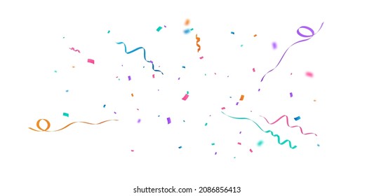 Celebration background template with confetti and colorful ribbons.