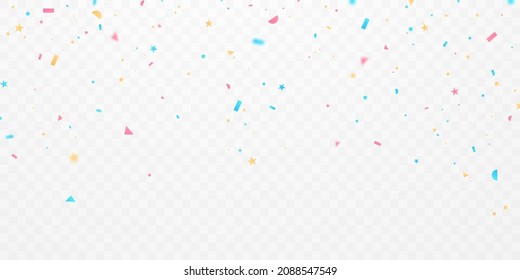 Celebration background template with confetti and colorful ribbons.