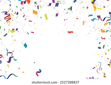 Celebration background template with confetti and colorful ribbons.