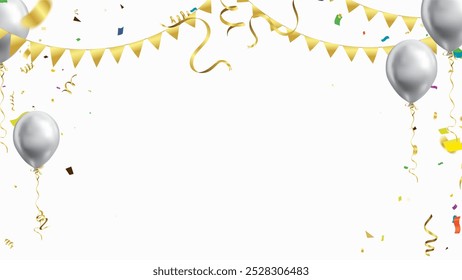 Celebration background template with confetti and colorful ribbons.
