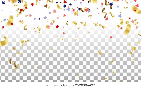 Celebration background template with confetti and colorful ribbons.