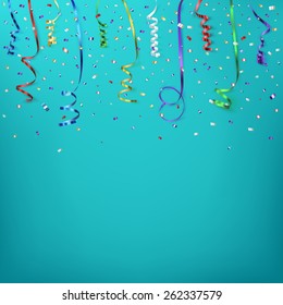 Celebration background template with confetti and colorful ribbons. Vector illustration