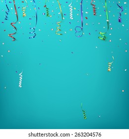 Celebration background template with confetti and colorful ribbons. Vector illustration