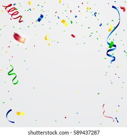 Celebration background template with confetti colorful ribbons.