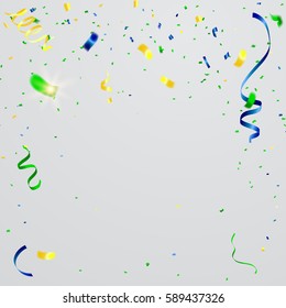 Celebration background template with confetti colorful ribbons.