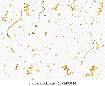 Celebration background template with confetti and gold ribbons.