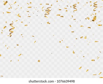 Celebration background template with confetti and gold ribbons.
