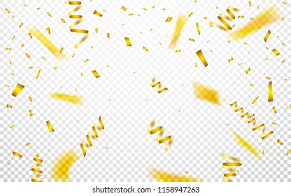 Celebration background template with confetti and gold ribbons. Vector illustration.
