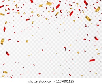 Celebration Background Template With Confetti And Gold Red Ribbons. Luxury Greeting Rich Card.