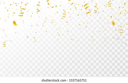 Hintergrundvorlage für Feiern mit Konfetti und Goldbändern. luxuriöse Grußkarte.