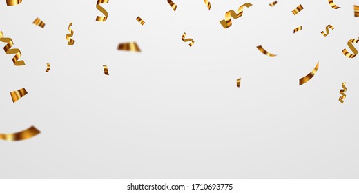 Plantilla de fondo de la celebración con cintas de oro confetti. tarjeta de felicitación de lujo rica.