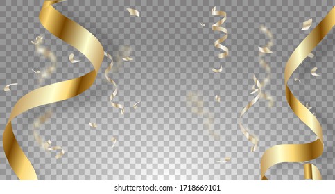 Celebration background template with confetti and gold ribbons.