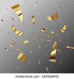 Plantilla de fondo de la celebración con cintas de confeti y oro. tarjeta rica de bienvenida de lujo. Elementos de mejillón volador, textura de lámina de oro serpentina de los serpentines confetti cayendo de fiesta.