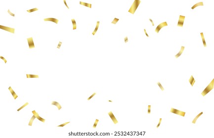 Celebration background template with confetti and gold ribbons. Shiny carnival decoration. Bright festive tinsel of gold color.