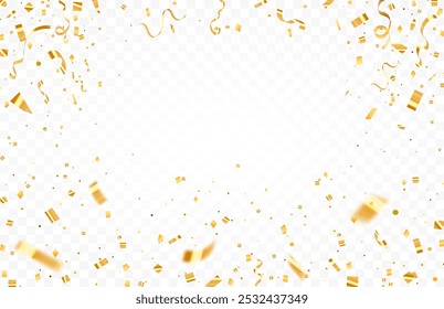 Celebration background template with confetti and gold ribbons. Shiny carnival decoration. Bright falling tinsel. Holiday poster concept.