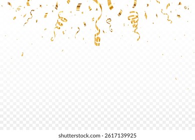 Celebration background template with confetti and gold ribbons. Golden Confetti and Ribbon on Transparent Background for Celebration, Party, or Award Events. Confetti, ribbons,