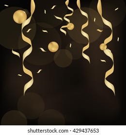 Celebration background template with confetti and gold ribbons. Vector illustration