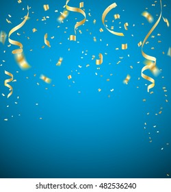 Celebration background template with confetti and gold ribbons. Vector illustration