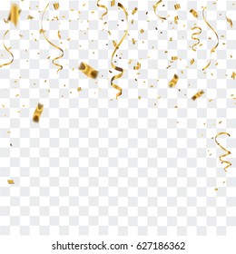 Celebration background template with confetti and gold ribbons.