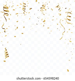 Celebration background template with confetti and gold ribbons. Vector illustration