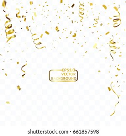 Celebration background template with confetti and gold ribbons. Vector illustration