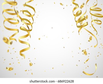 Celebration background template with confetti and gold ribbons.