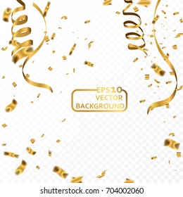 Celebration background template with confetti and gold ribbons.