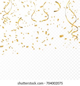 Celebration background template with confetti and gold ribbons.