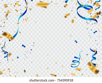 Celebration background template with confetti gold and blue ribbons. new year