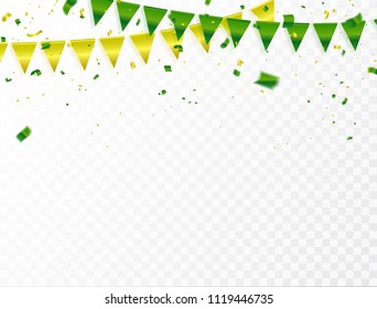 Celebration background template with confetti and green and yellow ribbons.