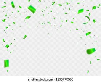 Celebration background template with confetti and green ribbons. Holiday Decorative Tinsel Element for Design