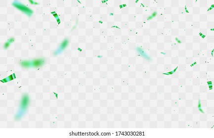 Celebration background template with confetti and green ribbons. Holiday Decorative Tinsel Element for Design