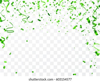 Celebration background template with confetti and green ribbons. Holiday Decorative Tinsel Element for Design