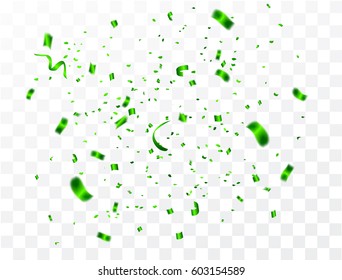 Celebration background template with confetti and green ribbons. Holiday Decorative Tinsel Element for Design