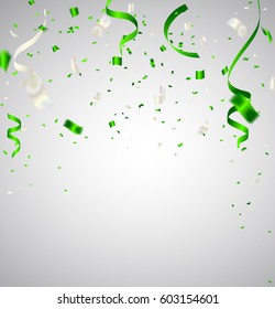 Celebration background template with confetti and green and White ribbons. Holiday Decorative Tinsel Element for Design