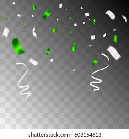 Celebration background template with confetti and green and White ribbons. Holiday Decorative Tinsel Element for Design